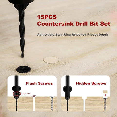 15-Piece Countersink Drill Bit Set With Adjustable Tapered Countersinks Wood Plug Cutters Magnetic Extension Bit Holder Depth Stop Rings 1/4 Inch Hex Shank PH1 PH2 Screwdriver Bits Allen Key And Storage Case For DIY Woodworking shown with flush and hidden screws on wood surface.
