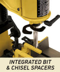 Close-up of integrated bit and chisel spacers on Shop Sweet Benchtop Mortiser Built Like A Tank for precision woodworking.