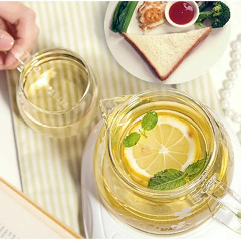 Sleek Heat Resistant Glass Teapot For Cold Brew And Hot Tea, Smooth Drip Pour Spout Juice Pitcher, Solid Borosilicate Server With Comfy Grip Handle, Lead Free Kitchen Essential For Daily Grind with lemon slices and mint leaves.