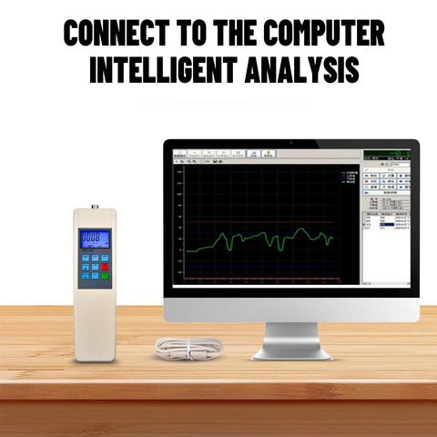 Digital Force Gauge 10 KN Push Pull Dynamometer With External Load Cell USB Output Peak And Track Modes Three Units N Kg Lb One Percent Accuracy For Precise Tension Testing And Material Strength Checks connected to computer with analysis software