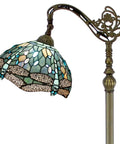 Showpiece Tiffany Style Reading Floor Lamp with Sea Blue Stained Glass and Crystal Bead Dragonfly Shade 64 Inch Tall Antique Bronze Base