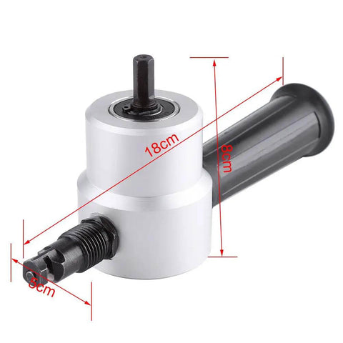 Dual Head Metal Sheet Nibbler Cutter Kit With 360 Degree Adjustable Punch, drill attachment dimensions visible.