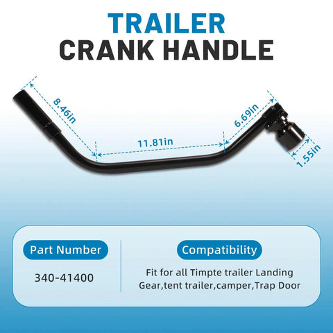 Trailer Crank Handle Compatible With Timpte Landing Gear And Tent Trailer For Camper Trap Door One And One Half Inch Socket Powder Coated, dimensions on display.