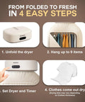 MOJOCO portable compact clothes dryer in cream; four-step setup showing unfold, hang items, set timer, dry clothes.
