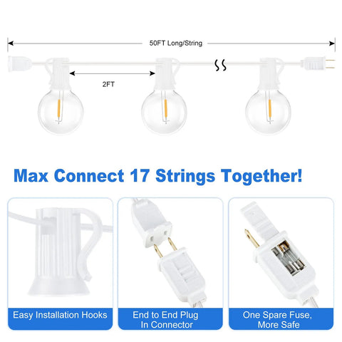100Ft Outdoor G40 LED Globe String Lights Dimmable Shatterproof Waterproof With 52 Bulbs Connectable For Patio Balcony Lit Backyard Bash Parties White Wire 2 Pack