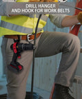 Heavy Duty Drill Hanger Hook holding drill on belt, used by worker, Universal Fit Lineman Tool Board, Buckets Racks Accessory