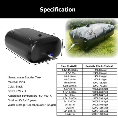Beefy Foldable Water Tank For Emergency Use 26 Gallon Black PVC Tote With Spigot And Hose Kit, dimensions and specifications