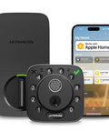 Rock Solid Fingerprint Wifi Smart Lock With Apple Home Integration shown with smart keypad and mobile app interface.