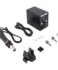 Pro Grade 110V Hot Air Rework Station with LED display, 3 nozzles, soldering and desoldering tool with accessories included.