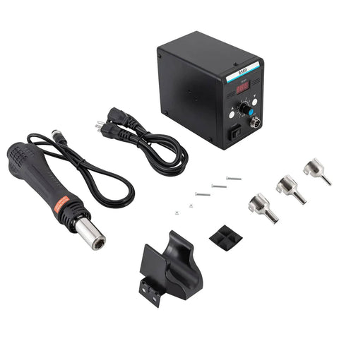 Pro Grade 110V Hot Air Rework Station with LED display, 3 nozzles, soldering and desoldering tool with accessories included.
