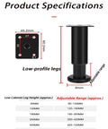 Product specifications for Premium Adjustable Furniture Leveling Feet Set With Universal Screw Threads to fix wobbly tables and beds.