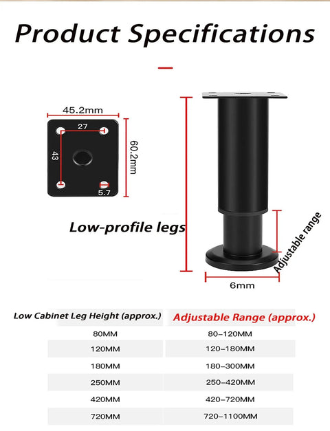 Product specifications for Premium Adjustable Furniture Leveling Feet Set With Universal Screw Threads to fix wobbly tables and beds.
