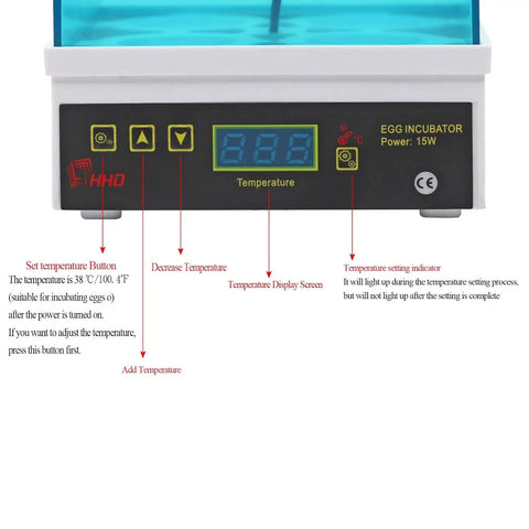 Digital Pro Grade Poultry Egg Incubator With Automatic Temperature Control and Large Viewing Window For Chicken Duck Quail Turkey And Goose Eggs No Sweat Setup control panel showing temperature settings and indicators.