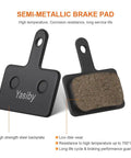 Semi-metallic brake pad with steel backplate, text detailing features, High Performance Disc Brake Pads For MTB Bikes With Installation Tools Four Pairs Semi Metallic And Organic Resin Replacement Compatible With TRP Tektro Shimano Deore Brakes.
