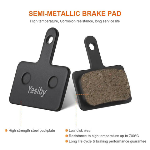 Semi-metallic brake pad with steel backplate, text detailing features, High Performance Disc Brake Pads For MTB Bikes With Installation Tools Four Pairs Semi Metallic And Organic Resin Replacement Compatible With TRP Tektro Shimano Deore Brakes.