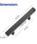 Dimensions of 60 Pack 5 Inch Square Cabinet Pulls Matte Black Stainless Steel, 5 inch length, 3 inch center holes, side view.