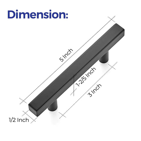 Dimensions of 60 Pack 5 Inch Square Cabinet Pulls Matte Black Stainless Steel, 5 inch length, 3 inch center holes, side view.
