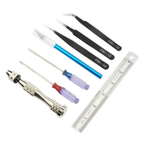Pro 39 Piece Model Tools Kit For Gundam And Car Models DIY Hobby Craft Set with tweezers, screwdrivers, blades, and ruler displayed