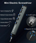 Mini Electric Screwdriver Cordless 78 In 1 Set with features labeled and highlights of LED lights and magnetic bit holder.