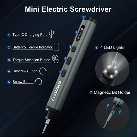 Mini Electric Screwdriver Cordless 78 In 1 Set with features labeled and highlights of LED lights and magnetic bit holder.