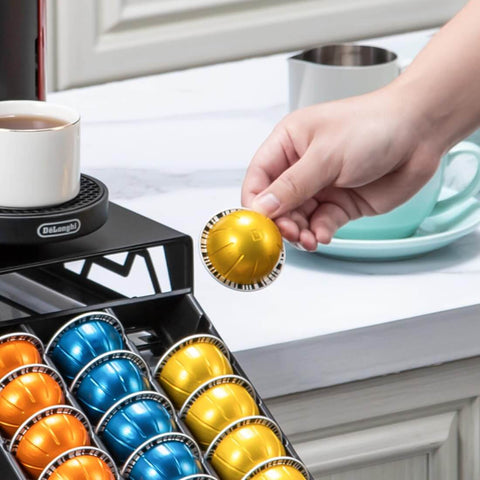 Modern Black Metal Vertuo Pod Storage Drawer For Coffee Machines Space Saving Capsule Organizer That Holds 50 Vertuo Pods Industrial Chic Kitchen Organizer To Keep Pods Neatly Accessible And Easy To Grab with hand selecting a pod
