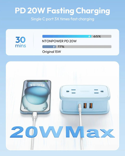 Go To Travel Power Strip With USB Ports And Flat Plug Two Outlets And Three USB Ports Three Foot Extension Cord shown charging a phone