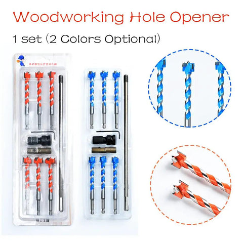 Pro Grade Ten Piece Forstner Drill Bit Set Cuts Slick Clean Holes In Wood And Tile Straight Up No Frills Heavy Duty Carbide Reinforced Alloy Steel Sized Sixteen To Twenty Five Millimeters Vibrant Blue drill bits in packaging, red and blue colors visible.