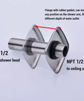 Matte Black 4 Inch Stainless Steel Ceiling Mounted Shower Arm With Flange Extender For Rainfall Shower Head No Leak Heavy Duty Half Inch NPT Connection showing threaded ends and adjustable flange position.
