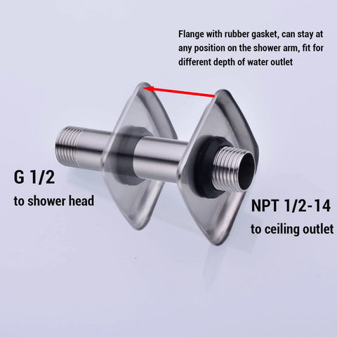 Matte Black 4 Inch Stainless Steel Ceiling Mounted Shower Arm With Flange Extender For Rainfall Shower Head No Leak Heavy Duty Half Inch NPT Connection showing threaded ends and adjustable flange position.