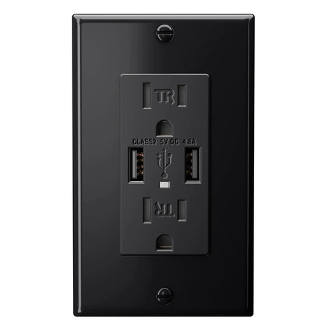 2-Pack Black USB Wall Outlet With Dual USB Ports 4.8A Total Fast Charge, 15 Amp Duplex, Tamper Resistant Electrical Receptacle, UL Listed