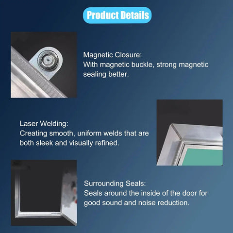 Close-up of magnetic closure and laser welding details of Custom Fit Lockable Wall Access Panel Hidden Inspection Hatch.