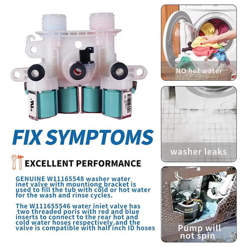 Straight Up Solid Washer Water Inlet Valve W11165546 W11096267 showing dual ports and mounting bracket design for easy installation.
