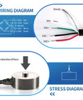 Bellows Type Single Point Load Cell Sensor For Precise 0.2 Percent Accuracy In 0 To 100 Kg Range, 51mm By 25mm Diameter, 3m Cable, Test Compression Force Weight Pressure Sensor, High Performance, wiring diagram and load cell stress view