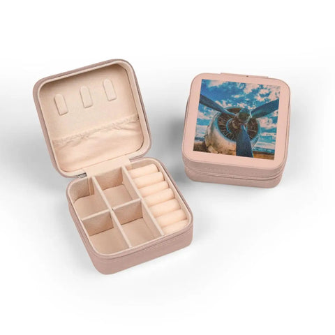 Aviation Inspired Jewelry Travel Case Pink Interior Purse Friendly Compact 4x4x2 Inch Size With Plush Lining Safeguards Rings
