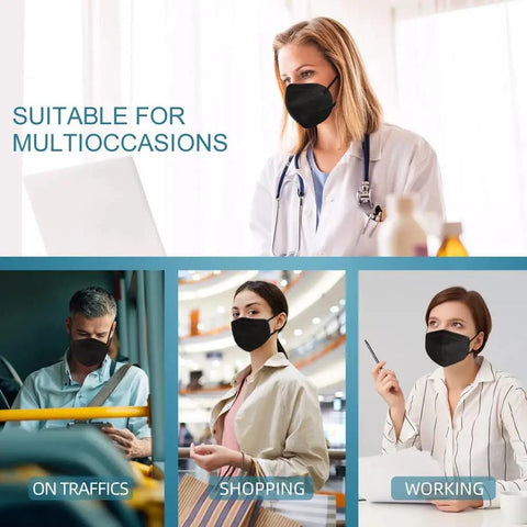 People wearing Five-Layer KN95 Face Mask Black For Men And Women Universal Fit All-Day Breathable Comfort for various activities