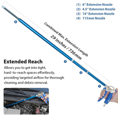 Windstorm EX Beefy 2X Flow High Performance Air Blow Gun Master Kit with 29-inch extension nozzle, shown in use for cleaning.
