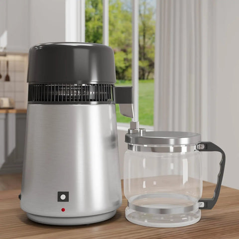 Top Shelf Countertop Water Distiller Full One Gallon Capacity Solid Stainless Steel Build With Glass Pitcher Straight Up Pure Desktop Unit.