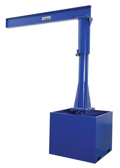 Built Tough Portable Jib Crane With Eight Foot Steel I Beam And 1000 Lb Capacity Rock Solid Blue Frame with fillable base.