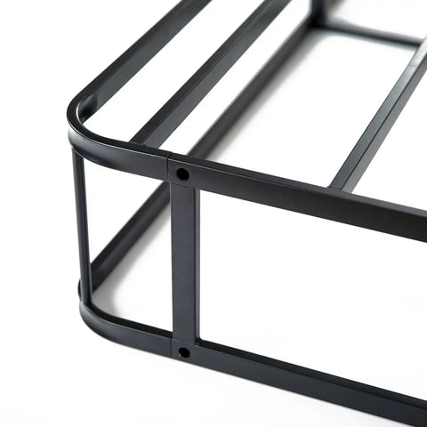 Full Size Heavy Duty Metal Box Spring With No Sweat Setup And Five Year Warranty Durable Mattress Support close-up of black metal frame.