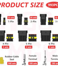 Weatherpack Connector Kit 993Pcs With Crimp Tool for Automotive Wiring showing 1-6 pin connectors and terminals