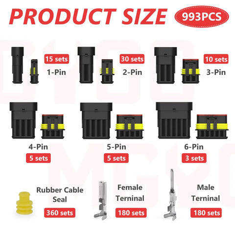 Weatherpack Connector Kit 993Pcs With Crimp Tool for Automotive Wiring showing 1-6 pin connectors and terminals