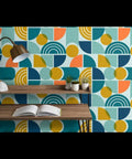 Top Shelf Modern Geometric PVC Free Professional Wallcovering Durable Polyester Linen Finish for vibrant kitchen wall.