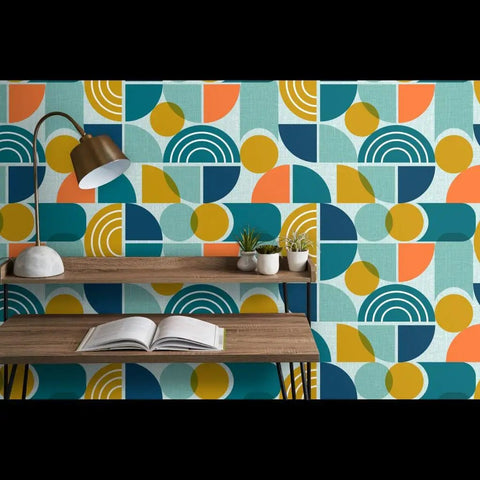 Top Shelf Modern Geometric PVC Free Professional Wallcovering Durable Polyester Linen Finish for vibrant kitchen wall.