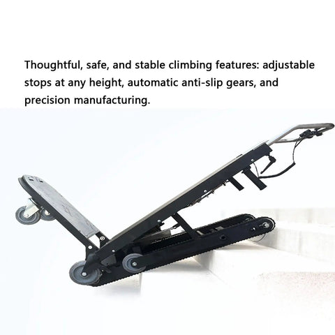 Heavy Duty Electric Stair Climbing Hand Truck Dolly For Moving Furniture Effortlessly Haul Heavy Load Up And Down Stairs With Lithium Battery Power, angled view showing adjustable stops and anti-slip features.