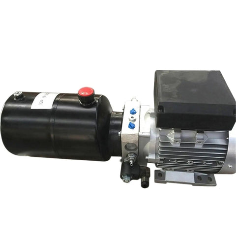 Heavy Duty Electric Hydraulic Power Unit With Integrated Reservoir Tank For Lift Tables Featuring Zero Point Seven Five Kilowatt To Four Kilowatt Motors, side view showing motor and tank.