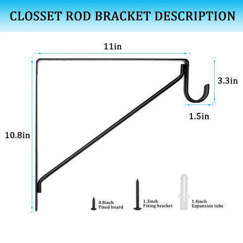 Heavy Duty Closet Rod Brackets Four Pack Wall Mount Shelf Supports Crafted From Cold Rolled Steel With Rust Proof Black Finish dimensions shown