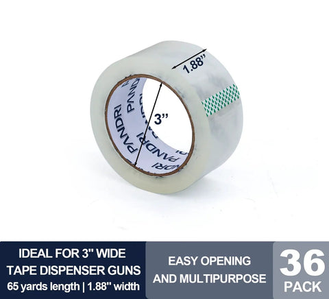 Clear Packing Tape Bulk Pack Of 36 Heavy Duty Rolls For Shipping And Moving Sealing 1.88 Inch Wide 65 Yard Per Roll Total 2340 Yards Ultra Strong Tape For Boxes Fast And Mess Free Transparent Bond, single roll with dimensions shown.