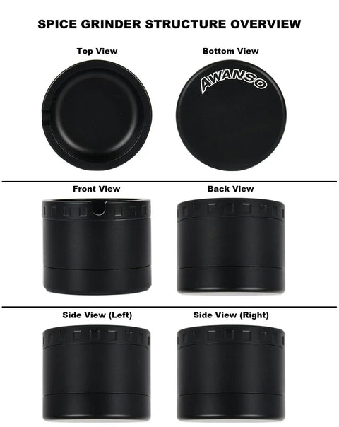 2.5 Inch Aluminum Spice Grinder Three Piece Three Stage With Top Storage Anti Jam Teeth Structure Overview
