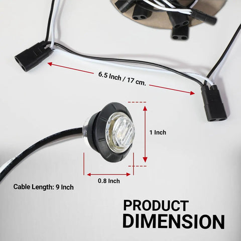 Dimensions of the 20 Pack 3/4 Inch Clear Lens Amber Side Marker Lights With Connector Plug And 2-Pin Wire Harness