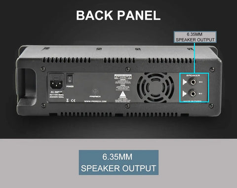 Back panel of MX15 15 Inch 2500W Bluetooth Powered PA System with 6.35mm speaker output and connections.